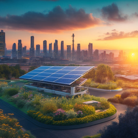 An illustration of a futuristic cityscape at dusk, with sleek solar panels on rooftops, transmission lines, and a power grid control center in the foreground, surrounded by blooming greenery.