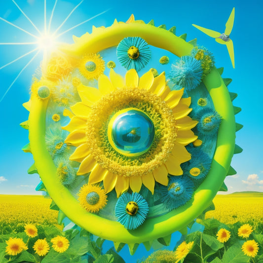 A vibrant, stylized illustration featuring a bright yellow sun surrounded by five interconnected gears, each gear containing a different element: a green leaf, a blue water droplet, a sunflower, a wind turbine, and a lightning bolt.