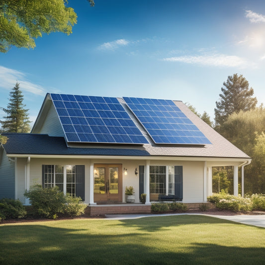 A serene suburban home with solar panels on the roof, surrounded by lush greenery and a bright blue sky, with a subtle hint of sun rays and a faint grid of installation equipment in the background.