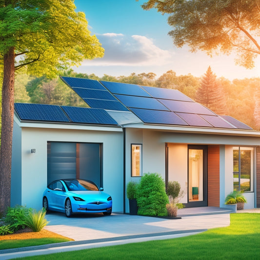 An illustration of a modern, eco-friendly home with sleek solar panels on the roof, a Tesla Powerwall battery in the garage, and a smart energy monitoring system on the wall, amidst lush green surroundings.