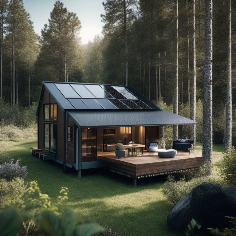 A serene off-grid cabin surrounded by lush greenery, with a rooftop array of sleek, black solar panels tilted at a 30-degree angle, casting a subtle shadow on the rustic wooden deck.