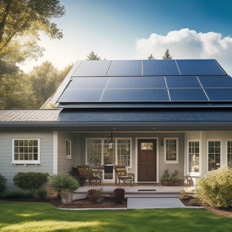 A serene suburban home with a sloping roof, solar panels installed in a staggered pattern, a shiny inverter on the side wall, and a technician in a hard hat securing a panel.