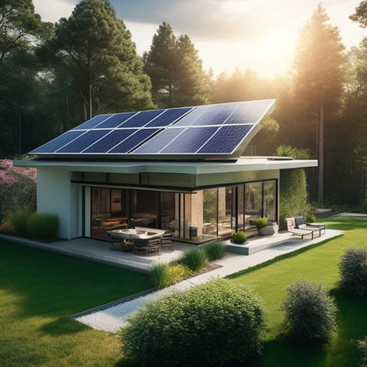 A serene, modern home with solar panels on the roof, surrounded by lush greenery, featuring a sleek, futuristic battery system in the foreground, with cables and wires neatly organized.