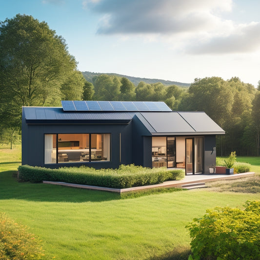 A modern, eco-friendly home with sleek, black solar panels installed on the roof, accompanied by a sleek, compact battery storage unit on the side of the house, amidst a lush green landscape.