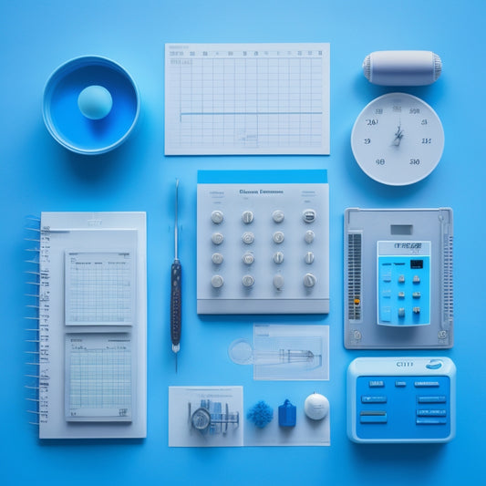 A minimalist illustration featuring a large, centered gear surrounded by various tools, including a calculator, a chart, and a miniature blueprint, set against a light blue background with subtle grid lines.