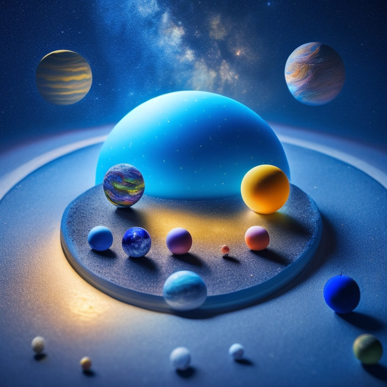 A miniature, glow-in-the-dark Sun at the center, surrounded by eight colorful, scaled-down planets with distinct textures and atmospheres, orbiting in precise, whimsical trajectories on a dark blue background.