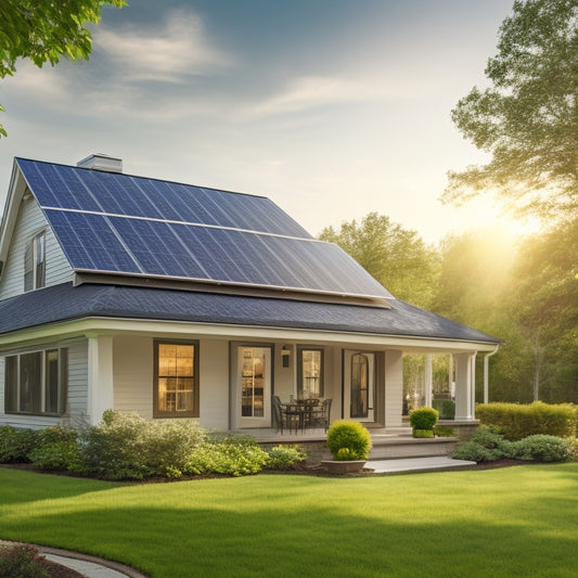 A serene suburban home with solar panels installed on its roof, surrounded by lush greenery, with a subtle sun shining down and a faint grid of electrical lines in the background.