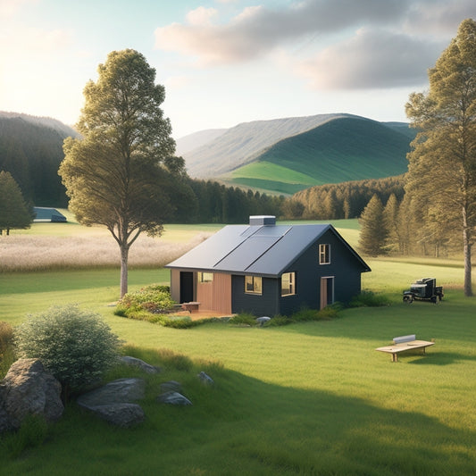 A serene rural landscape with a modern off-grid solar system: a sleek, black-roofed cabin surrounded by lush greenery, a wind turbine spinning gently in the distance, and a cluster of photovoltaic panels angled towards the sun.