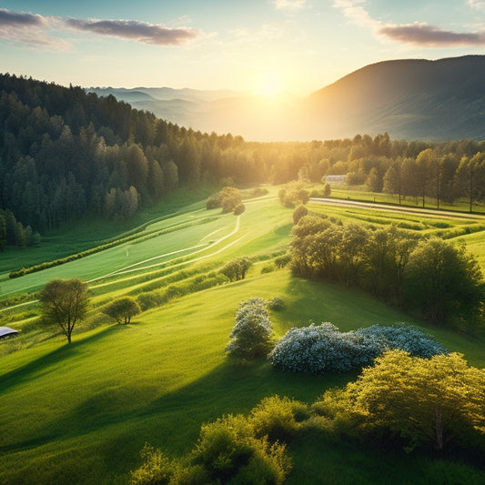 A serene landscape with a mix of lush green trees and rolling hills, featuring a subtle array of solar panels blending seamlessly into the environment, with a bright sun shining down.