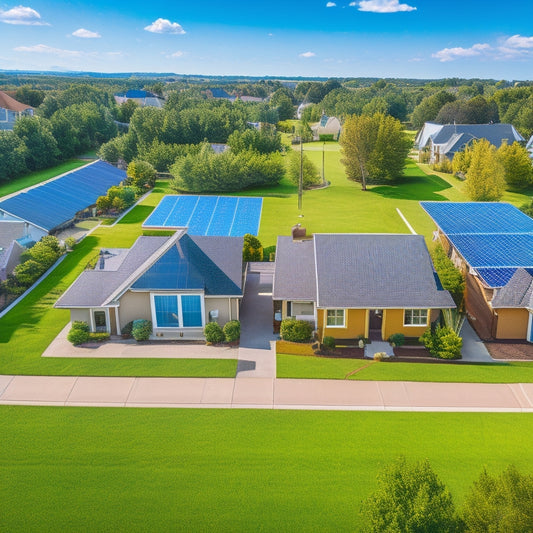 Aerial view of a suburban neighborhood with various roof types, showcasing a mix of installed solar panels in different sizes, angles, and arrays, set against a clear blue sky with fluffy white clouds.