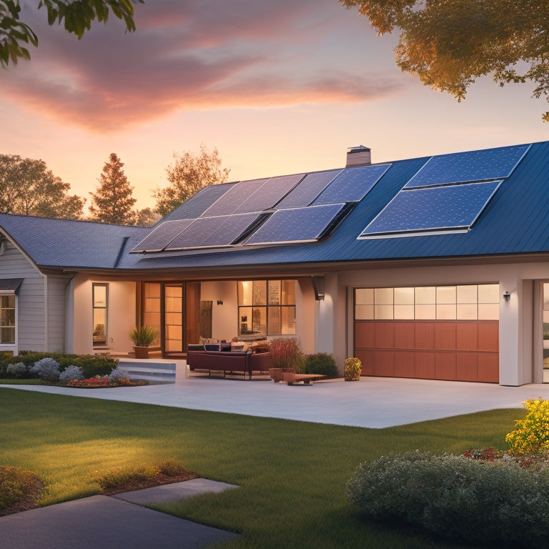 A serene suburban home with a sleek solar panel array on the roof, a Tesla Powerwall battery pack on the exterior wall, and a technician in the background wiring the system.