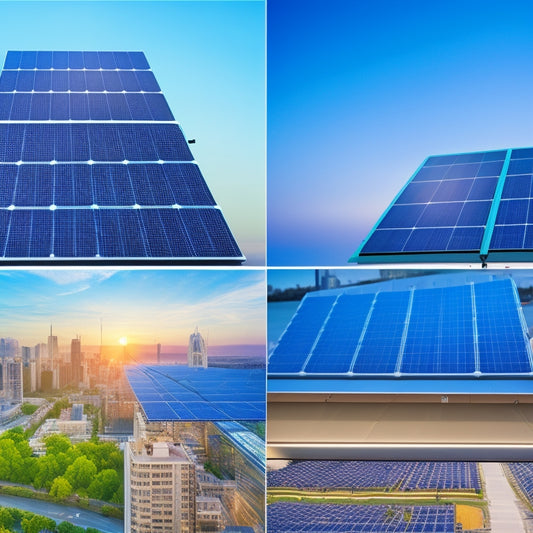 A split-screen image: on one side, a rooftop with solar panels at different angles and sizes, with a subtle cityscape in the background; on the other, a detailed diagram of a solar panel's internal components.