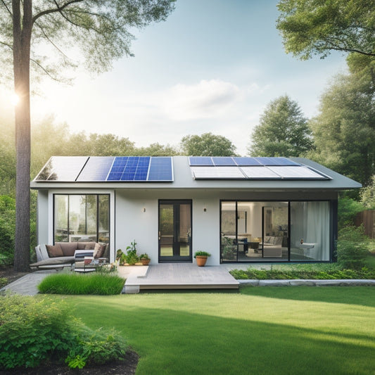 A serene, modern home with solar panels on the roof, surrounded by lush greenery, with a sleek, silver battery system installed in the backyard, connected to a smart energy monitor on the wall.