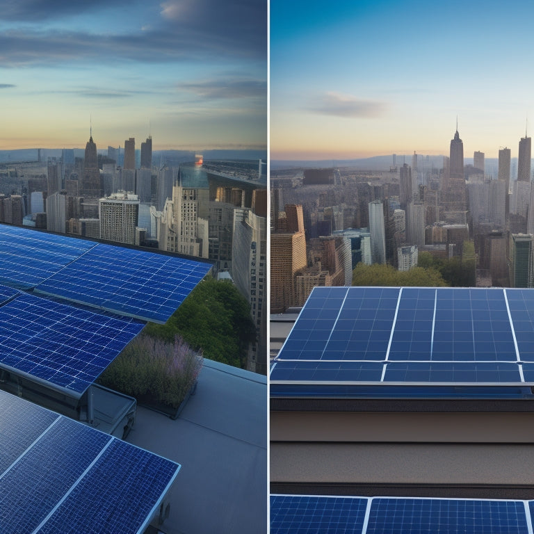 A split-screen image: a rooftop with standard solar panels on one side, and the same rooftop with sleek, high-efficiency panels on the other, with a subtle cityscape in the background.