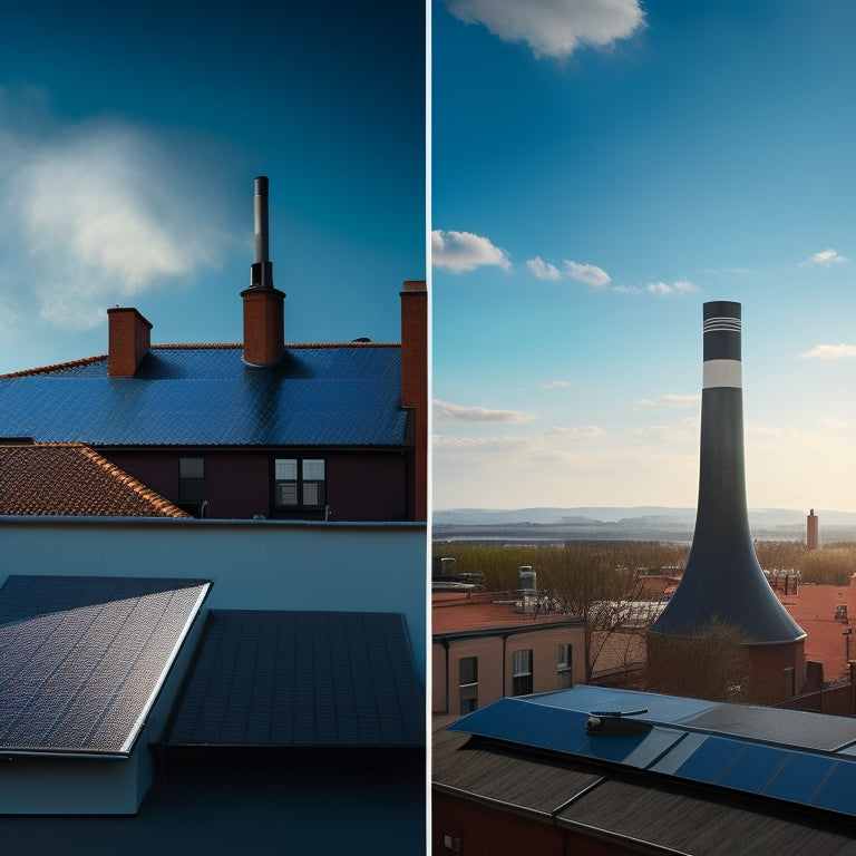 A split-screen image featuring a traditional rooftop with dark, sooty smoke billowing from a chimney on the left, contrasted with a sleek, modern rooftop on the right, adorned with gleaming solar panels and a bright blue sky.