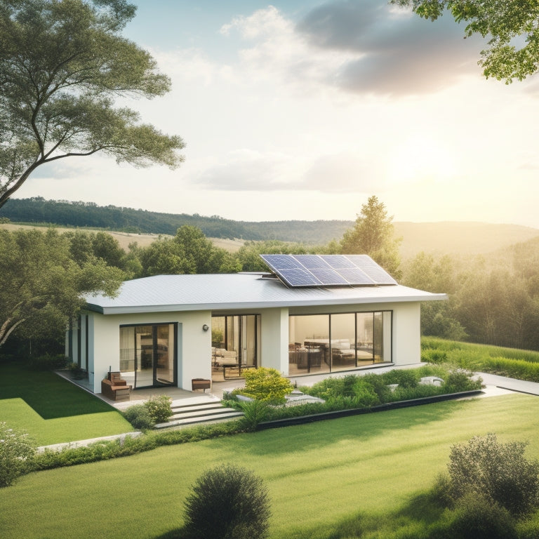 A serene landscape with a modern house in the background, featuring a smaller array of sleek solar panels on the rooftop, surrounded by lush greenery and a few fluffy white clouds.