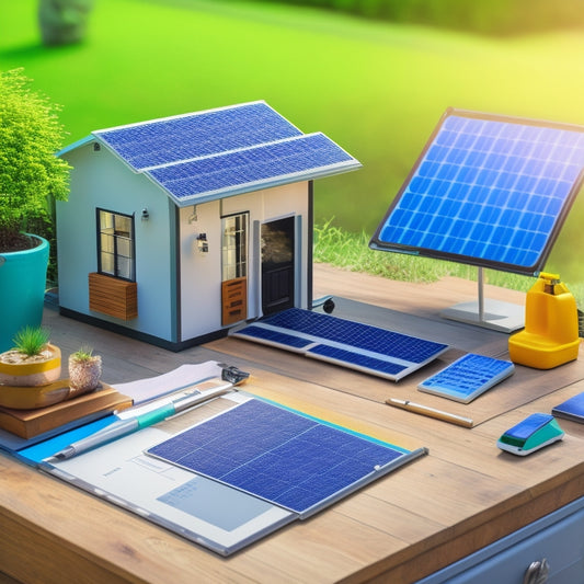 A split-screen illustration showcasing a rooftop solar panel installation on one side and a desk with various cost-related items on the other, including a clipboard with a checklist, a calculator, and a miniature house model.