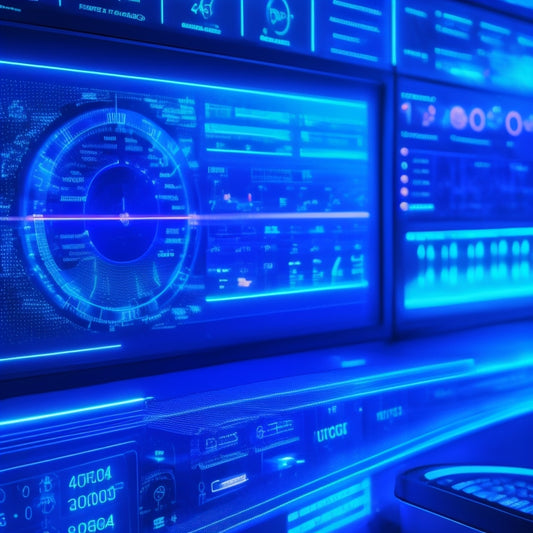 A futuristic dashboard with glowing blue lines and circles, surrounded by miniature screens displaying graphs, charts, and metrics, set against a dark background with neon accents.