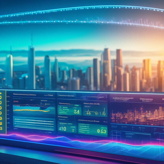 A futuristic dashboard with interconnected gears, solar panels, and a cityscape in the background, featuring a large, glowing graph with fluctuating lines and icons representing data analysis.