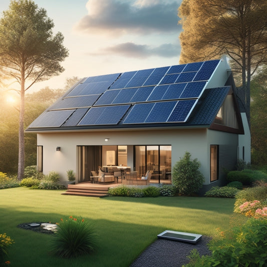 A serene suburban home with solar panels on the roof, surrounded by lush greenery, featuring a sleek battery storage unit in the foreground, with wires and cables neatly organized.