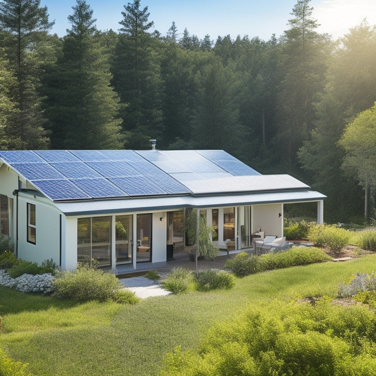 A serene, eco-friendly home exterior with solar panels, a green roof, and a rainwater harvesting system, surrounded by lush greenery and a bright blue sky with a few fluffy white clouds.