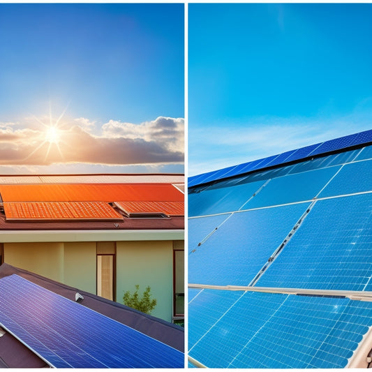 A split-screen image featuring a cluttered, chaotic rooftop with mismatched solar panels on the left, and a sleek, optimized solar panel system on a rooftop with a blue sky and fluffy white clouds on the right.