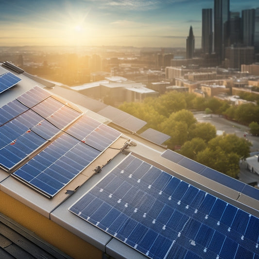 An illustration of a residential rooftop with solar panels, a measuring tape, and a wallet, surrounded by subtle hints of a cityscape, with a trio of interconnected gears in the background.