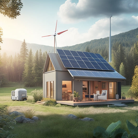 An illustration of a self-sustaining off-grid cabin surrounded by lush greenery, with a wind turbine and solar panels on the roof, and a battery bank and inverter in the foreground.