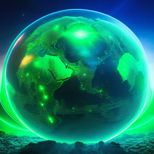 A futuristic, high-tech background with interconnected nodes and circuits. A large, glowing green globe at center, surrounded by swirling, curved lines representing renewable energy sources.