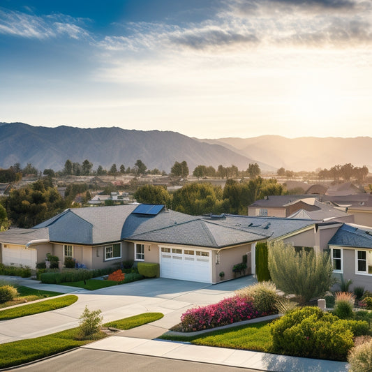 A serene, sun-kissed California suburban landscape with a few houses, solar panels on rooftops, and a subtle California state flag waving gently in the background, symbolizing eco-friendly living and savings.