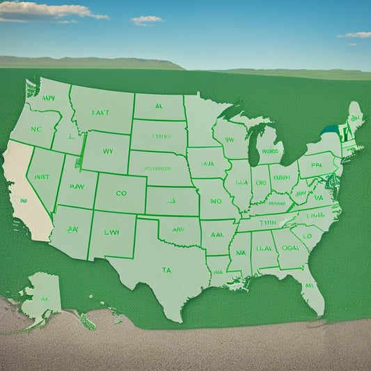 A stylized map of the United States with 10 states highlighted in shades of green, each containing a simple, white building outline with a bright yellow "OK" checkmark above it.