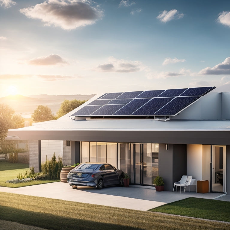 An illustration of a modern home with a rooftop solar panel array, a sleek battery storage unit in the garage, and a cityscape in the background with a sunny sky and fluffy white clouds.