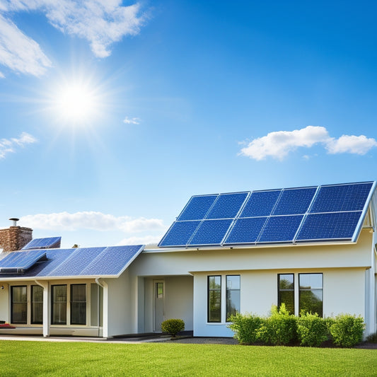 A bright blue sky with fluffy white clouds, a modern home with solar panels installed on the roof, and a subtle background grid of dollar signs and energy meters.