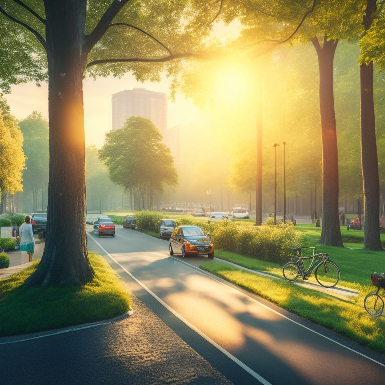 A serene cityscape at sunrise with sleek, electric vehicles and bicycles replacing traditional cars, surrounded by lush greenery and clean air, conveying a sense of eco-friendly urban harmony.