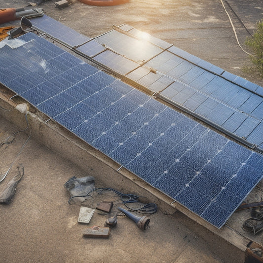 A broken solar panel with cracked glass and rusty frames, surrounded by scattered tools and wiring, set against a background of a messy rooftop with missing shingles and uneven mounting.