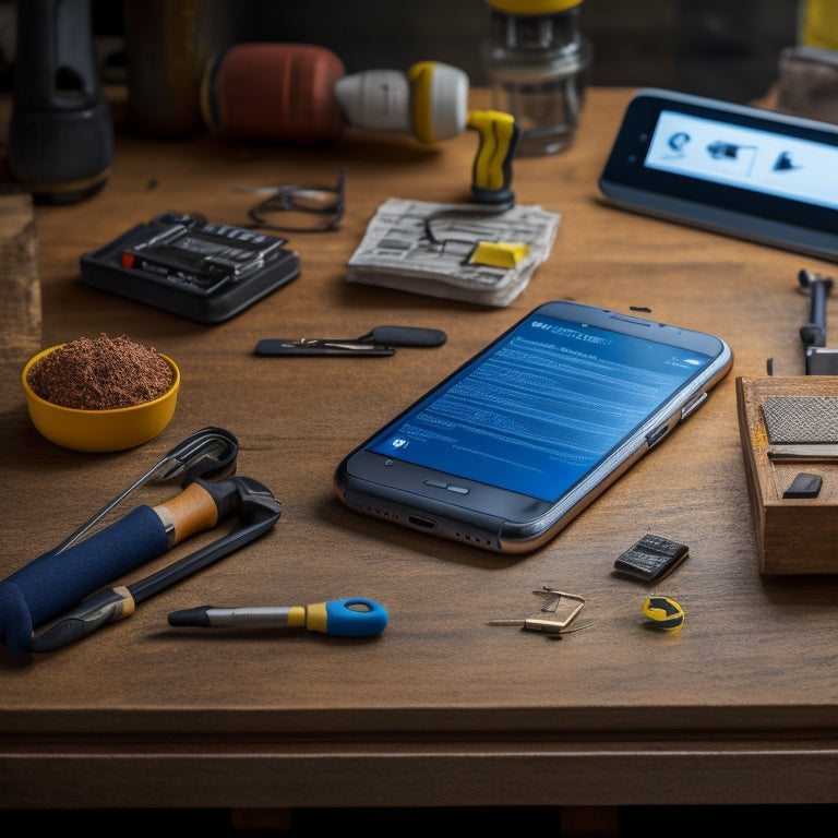 A smartphone with a cracked screen displaying a checklist, surrounded by various tools like a tape measure, level, and screwdriver, on a cluttered workbench with a faint blueprint in the background.