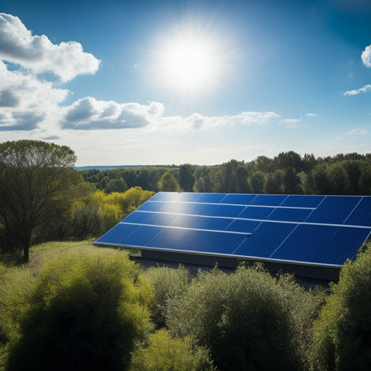 A bright blue sky with a few white, puffy clouds, and a modern, sleek, black solar panel installation on a rooftop, with a subtle sunburst in the corner, surrounded by lush green trees.