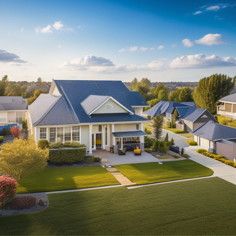 A serene suburban neighborhood with multiple houses, each featuring a distinct solar panel brand (e.g. Tesla, SunPower, Panasonic) installed on rooftops, with a bright blue sky and fluffy white clouds.