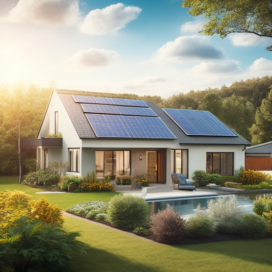 A serene suburban home with solar panels installed on its roof, surrounded by lush greenery, with a subtle background of a cityscape and a few fluffy white clouds in the sky.