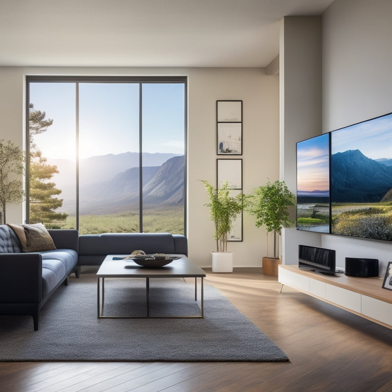 A modern living room with a large, sleek smart panel installed on the wall, displaying a split-screen view of energy usage, weather, and security feeds, surrounded by minimalist decor and natural light.