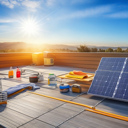 A photorealistic image depicting a solar panel array on a sunny rooftop, with a variety of cleaning tools and equipment scattered around, including hoses, brushes, sprayers, and microfiber cloths.