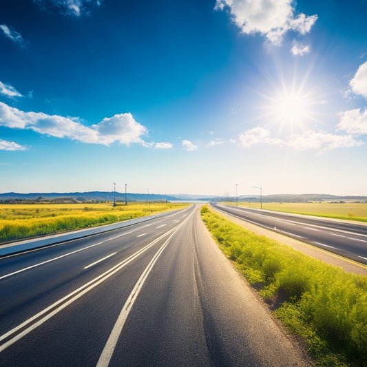 A serene, sunny highway stretches into the distance, lined with sleek, eco-friendly cars adorned with sleek solar panels and futuristic gadgets, set against a bright blue sky with fluffy white clouds.