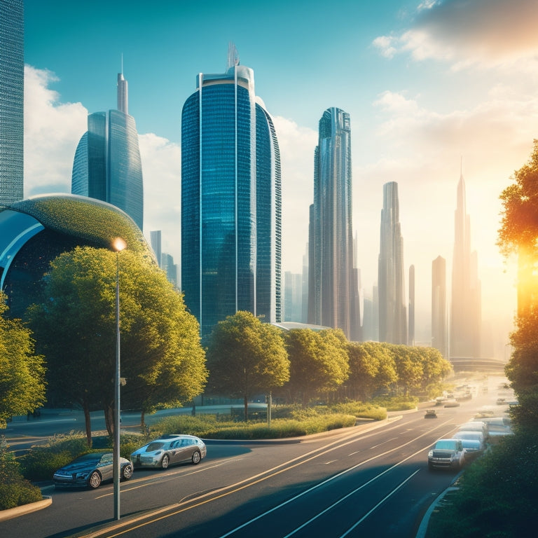 A futuristic cityscape with sleek, modern skyscrapers, electric vehicles, and charging stations, surrounded by lush greenery and a bright blue sky with a few wispy clouds.