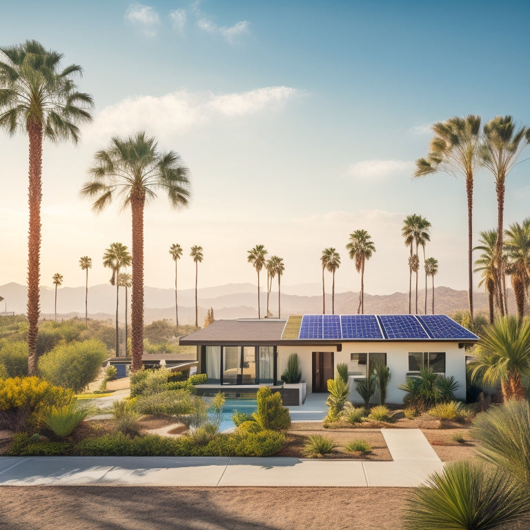 A serene California landscape with a sunny sky, a modern home with solar panels on the roof, and a few palm trees swaying gently in the foreground.