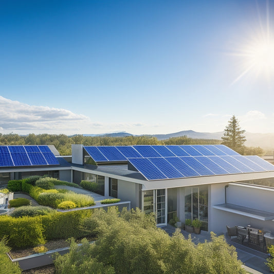 A serene residential rooftop with a mix of sleek, high-efficiency solar panels in various shapes and sizes, installed at different angles, amidst lush greenery and a bright blue sky.