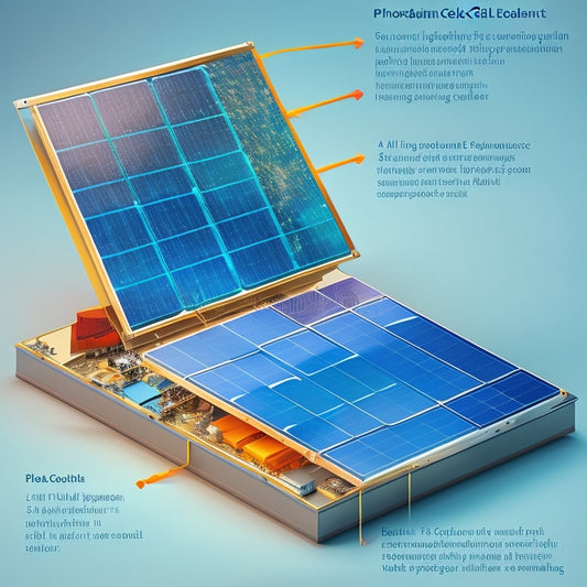 An illustration of a dissected solar panel, showcasing individual components: photovoltaic cells, anti-reflective coating, tempered glass, EVA encapsulant, backsheet, and aluminum frame, arranged in a layered, exploded view format.