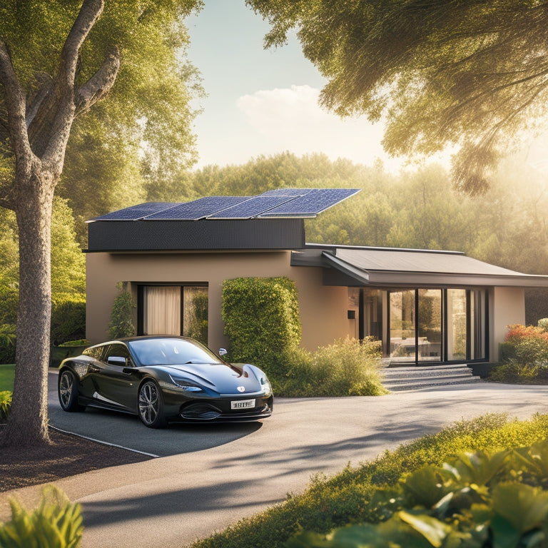 A serene background of a sunny day with a sleek, black sports car parked in front of a modern, eco-friendly home, surrounded by lush greenery, with solar panels on the roof.