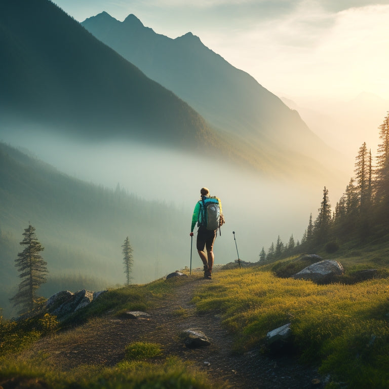 A serene wilderness scene: a solo hiker in the distance, backpack and trekking poles, with a compact solar panel strapped to their pack, charging a portable battery, amidst lush greenery and misty mountains.