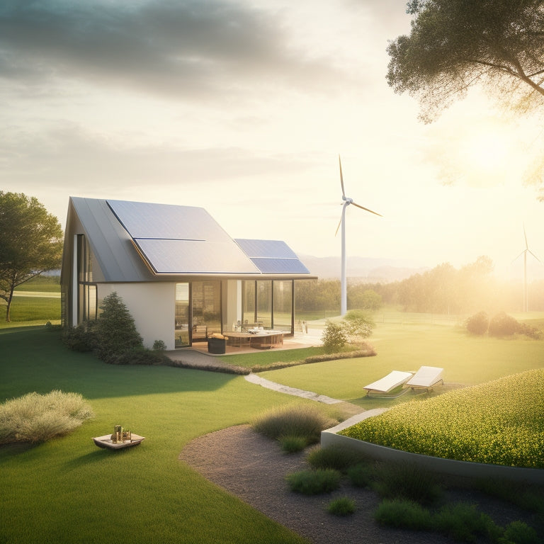 A serene landscape with a modern, eco-friendly home in the center, surrounded by lush greenery, with a subtle sun shining down, and a mix of solar panels and wind turbines in the background.