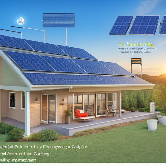 An illustration of a residential rooftop solar panel array connected to a battery storage system, with 5 highlighted components: inverter, battery modules, mounting hardware, monitoring system, and electrical connections.